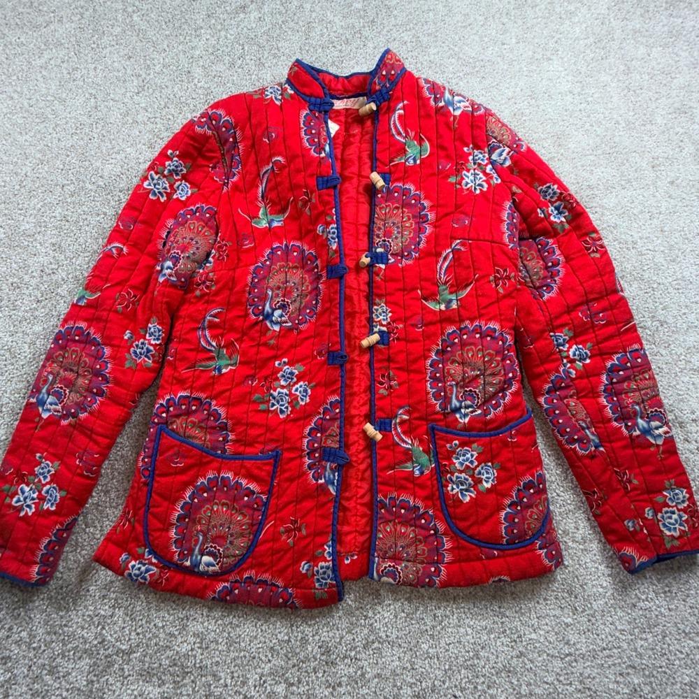 Vintage Cathay Red‎ Quilted Peacock Print Toggle Jacket Mandarin Collar Small